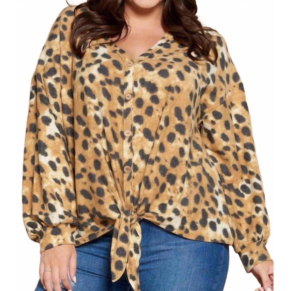 NEW SUPER LADY animal print brush top - plus in mustard